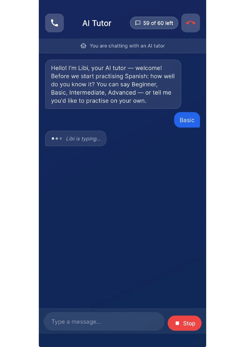 Libi AI Tutor voice and chat conversation